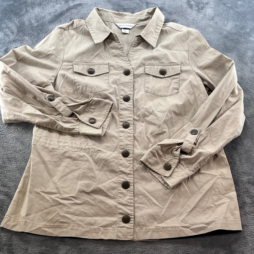 Christopher & Banks Khaki Ripstop Utility Shirt Jacket Drawstring Waist Large